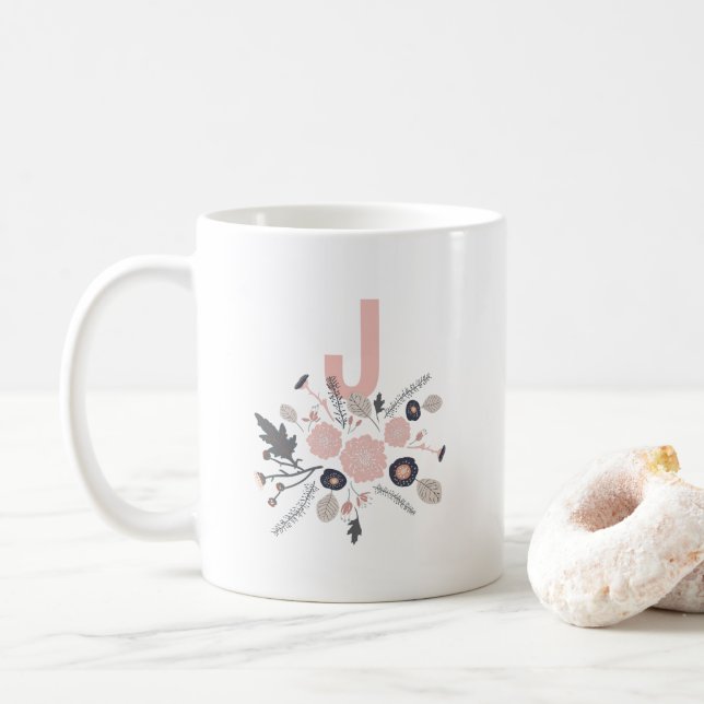 Botanical Flowers Black Pint Floral Monogram Coffee Mug (With Donut)