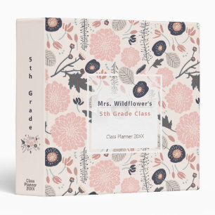 Botanical Flowers Floral Gray Pink Teacher Class 3 Ring Binder