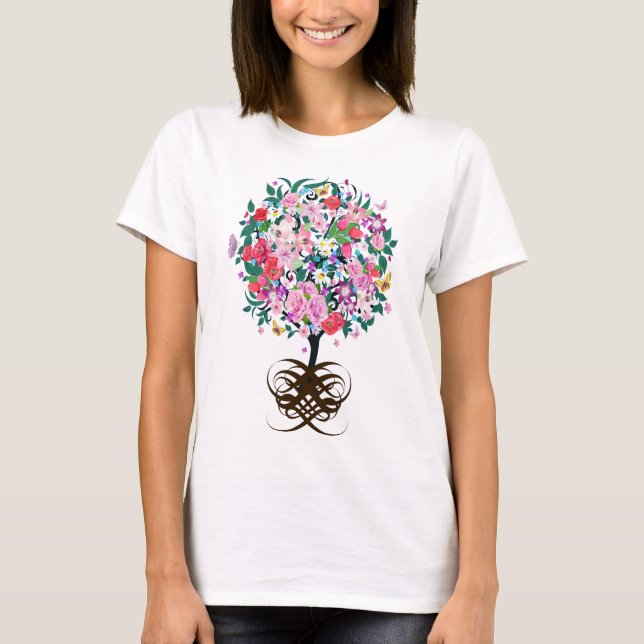 Botanical Flowers Heart Shape Swirls T-Shirt (Front)