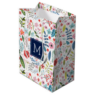 Botanical Flowers & Leafs, Cute Colorful Pattern Medium Gift Bag