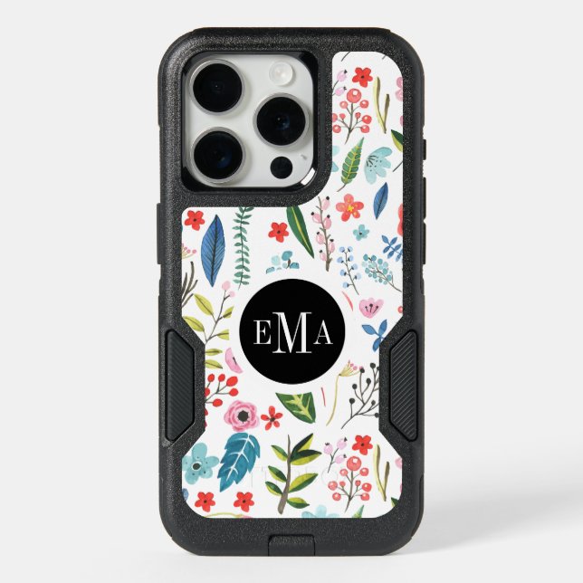 Botanical Flowers & Leafs Pattern iPhone 15 Pro Case (Back)