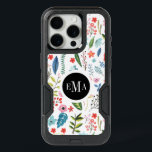 Botanical Flowers & Leafs Pattern iPhone 15 Pro Case<br><div class="desc">Elegant modern botanical flowers and leafs watercolors illustration over white background and customizable monogram on black circle.</div>