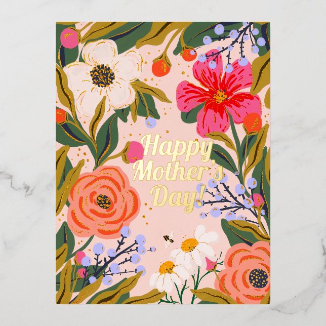 Botanical flowers mom’s greeting’s  foil holiday postcard (Front)