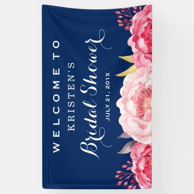 Botanical Flowers Navy Blue Bridal Shower Banner