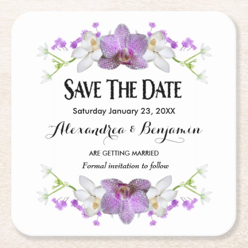 Botanical Flowers Watercolor Save The Date   Square Paper Coaster