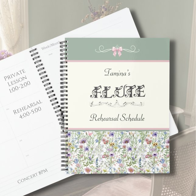Botanical Flute Sage Rehearsal Schedule Planner (Whimsical Flute Rehearsal Planner | Pink Floral & Sage Green Botanical Aesthetic Music Gift)