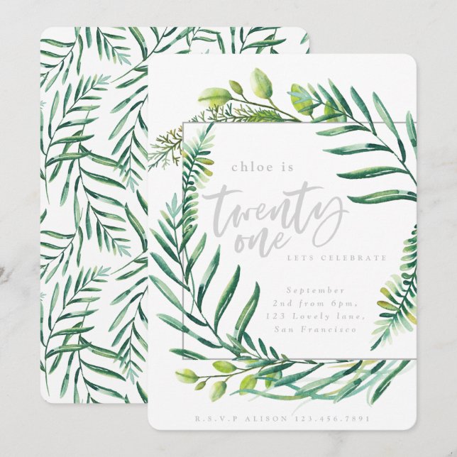 Botanical foliage 21st birthday invitation (Front/Back)