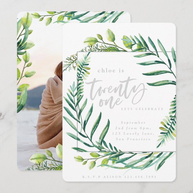 Botanical foliage 21st birthday photo invitation (Front/Back)