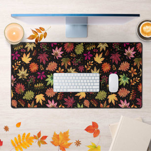 Botanical Foliage Autumn Leaves Pattern on Black Desk Mat