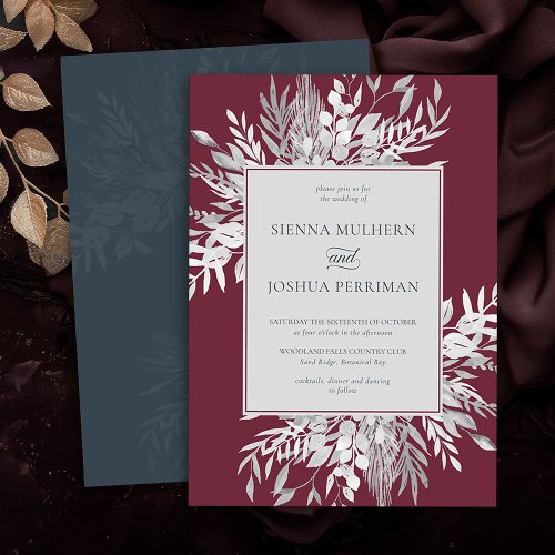 Botanical Foliage Burgundy Grey Wedding Invitation