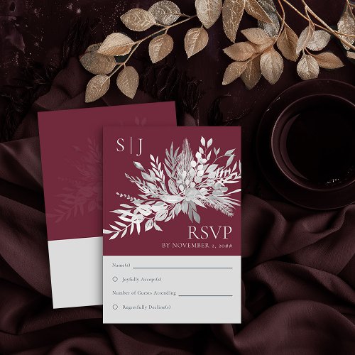 Botanical Foliage Burgundy Monogram Wedding RSVP