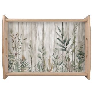 Botanical Foliage Farmhouse Barn Wood look Serving Tray