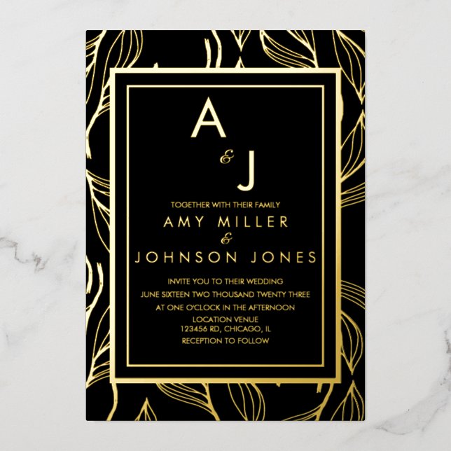 Botanical Foliage Gold Black  Wedding Pressed   Foil Invitation (Front)