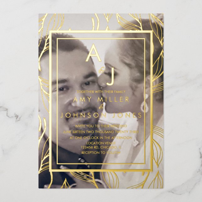 Botanical Foliage Gold Photo Wedding Pressed   Foil Invitation (Front)