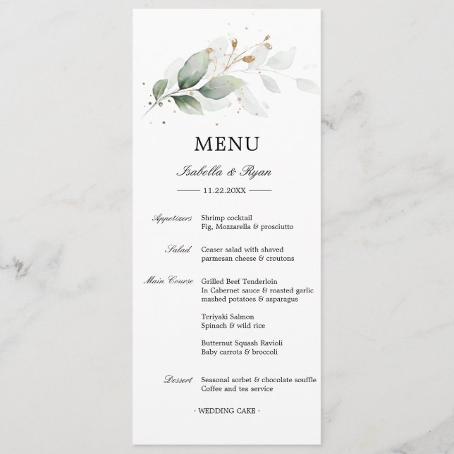 Botanical Foliage Greenery Gold Leaves Wedding Menu (Front)