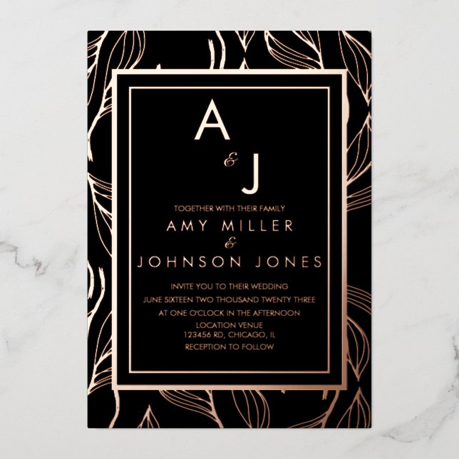 Botanical Foliage Leaf Bordered Wedding Pressed    Foil Invitation (Front)