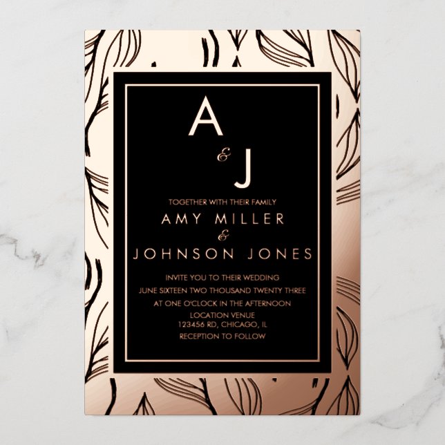 Botanical Foliage Leaf Bordered Wedding Pressed    Foil Invitation (Front)