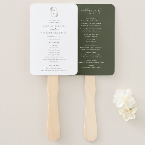 Botanical Foliage Monogram Wedding Program Hand Fan