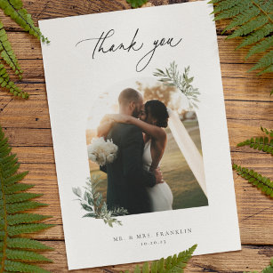 Botanical Foliage Olive Green Wedding Photo Thank You Card
