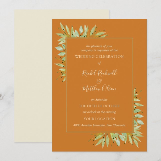 Botanical Foliage on Ochre Wedding Invitations (Front/Back)
