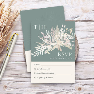 Botanical Foliage Sage Green Monogram Wedding RSVP Card