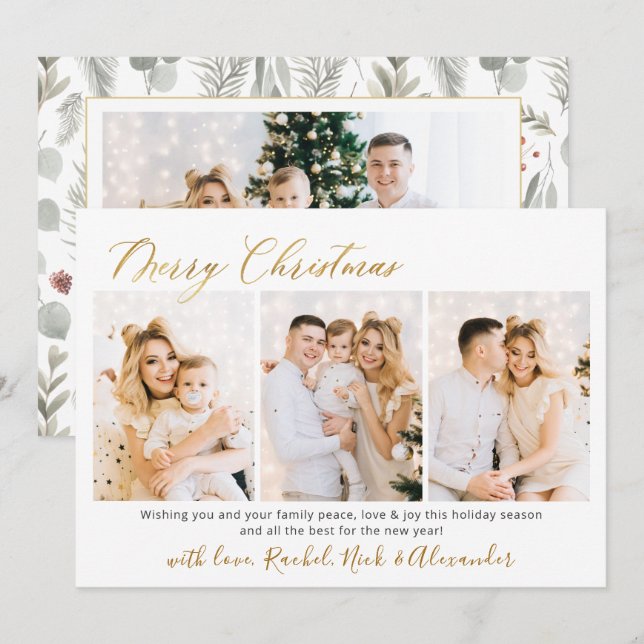 Botanical Foliage Script 3 Multi Photo Christmas Holiday Card (Front/Back)