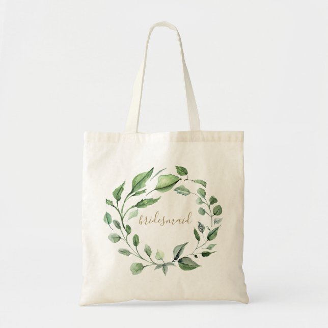 Botanical Foliage Wreath Bridesmaid Script Tote Bag (Front)