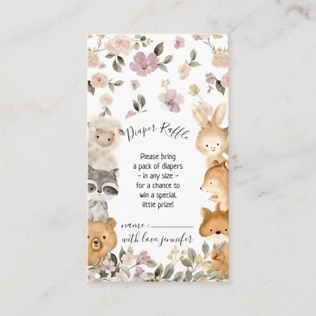 Botanical Forest Cute Baby Animal Diaper Raffle Enclosure Card (Front)