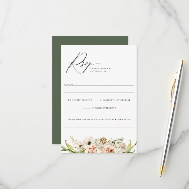 Botanical Forest Floral Wedding Food Allergy Rsvp Card (Front/Back In Situ)