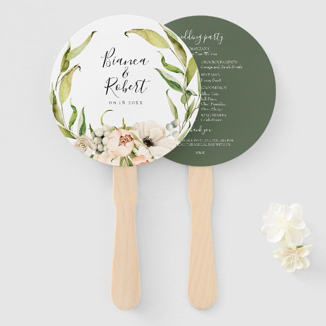 Botanical Forest Floral Wreath Wedding Hand Fan (Front and Back)