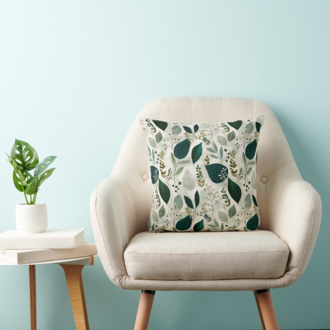 Botanical Forest Leaf White Floral Pattern Throw Pillow (Chair)