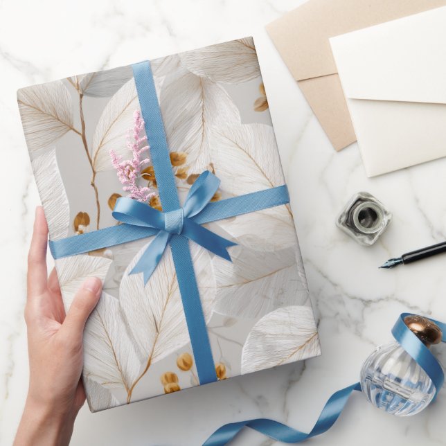 Botanical Forest Leaf White Floral Pattern Wrapping Paper (Gifting)