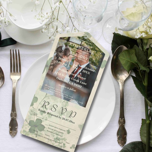 Botanical Four Leaf Clover Green Chartreuse Photo  All In One Invitation (Creator Uploaded)