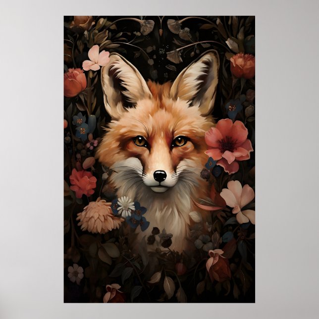 Botanical Fox Print, Dark Academia Floral Art Poster (Front)
