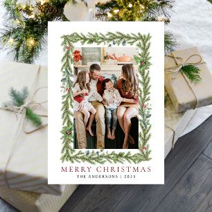 Botanical Frame Christmas Elegant Family 1 Photo Holiday Card