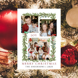 Botanical Frame Christmas   Elegant Family 3 Photo Holiday Card