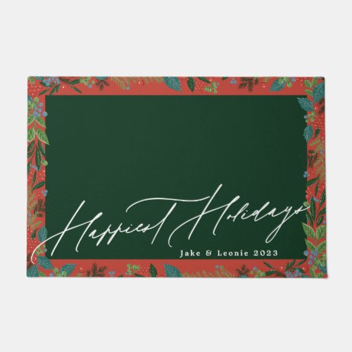 Botanical Frame Classic Green Red HAPPY HOLIDAYS Doormat