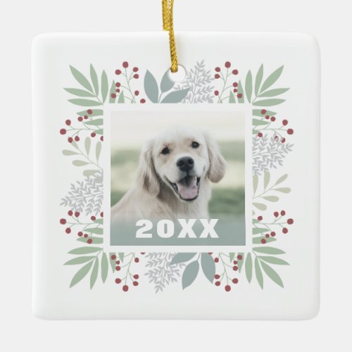 Botanical Frame Custom Pet Photo Cute Dog Holiday Ceramic Ornament