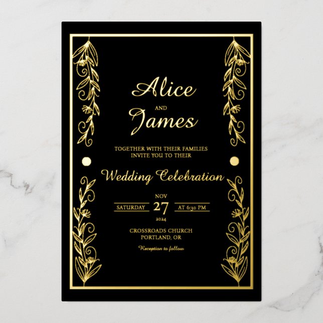Botanical Frame Elegant Black Gold Foil Wedding Invitation (Front)