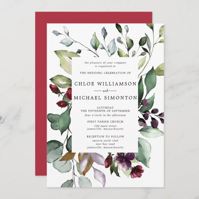 Botanical Frame Hint of Autumn Foliage Wedding Invitation (Front/Back)