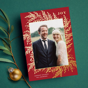 Botanical Frame Holiday Photo Red Gold Foil Card