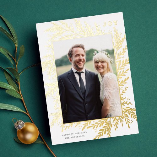 Botanical Frame Holiday Photo White Gold Foil Card