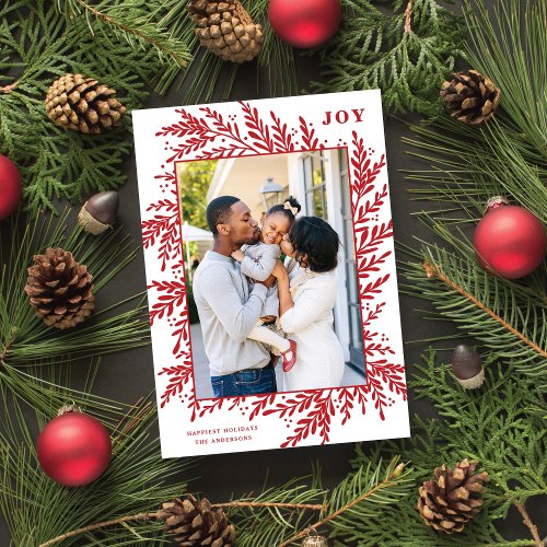 Botanical Frame JOY Red Holiday Photo Card