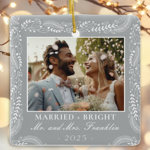 botanical frame photo 1st Christmas Married Ceramic Ornament