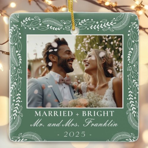 botanical frame photo 1st Christmas Married Ceramic Ornament