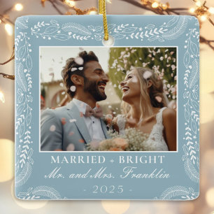 botanical frame photo 1st Christmas Married Ceramic Ornament