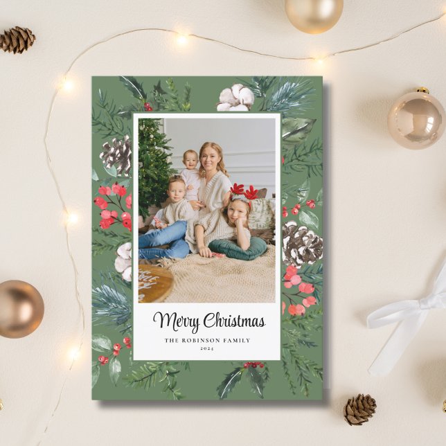 Botanical Frame Photo Merry Christmas Green Holiday Card (Creator Uploaded)