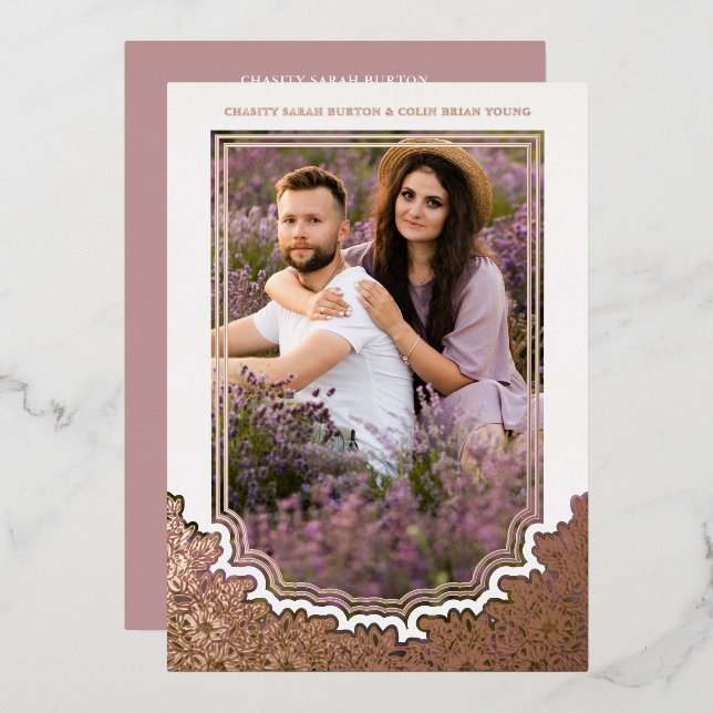 Botanical Frame Photo Wedding Flower & Branches Foil Invitation (Front/Back)