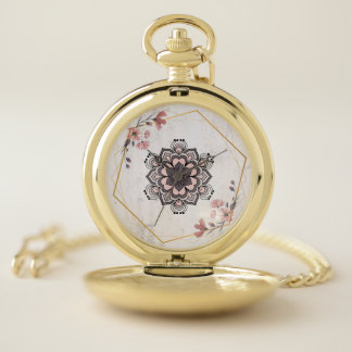 Botanical Frame, Pink Flowers and Gold Lines Pocket Watch