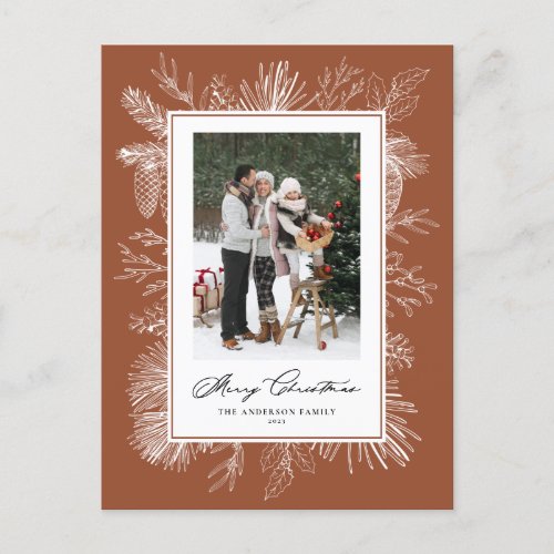 Botanical Frame Terracotta Merry Christmas Photo Holiday Postcard